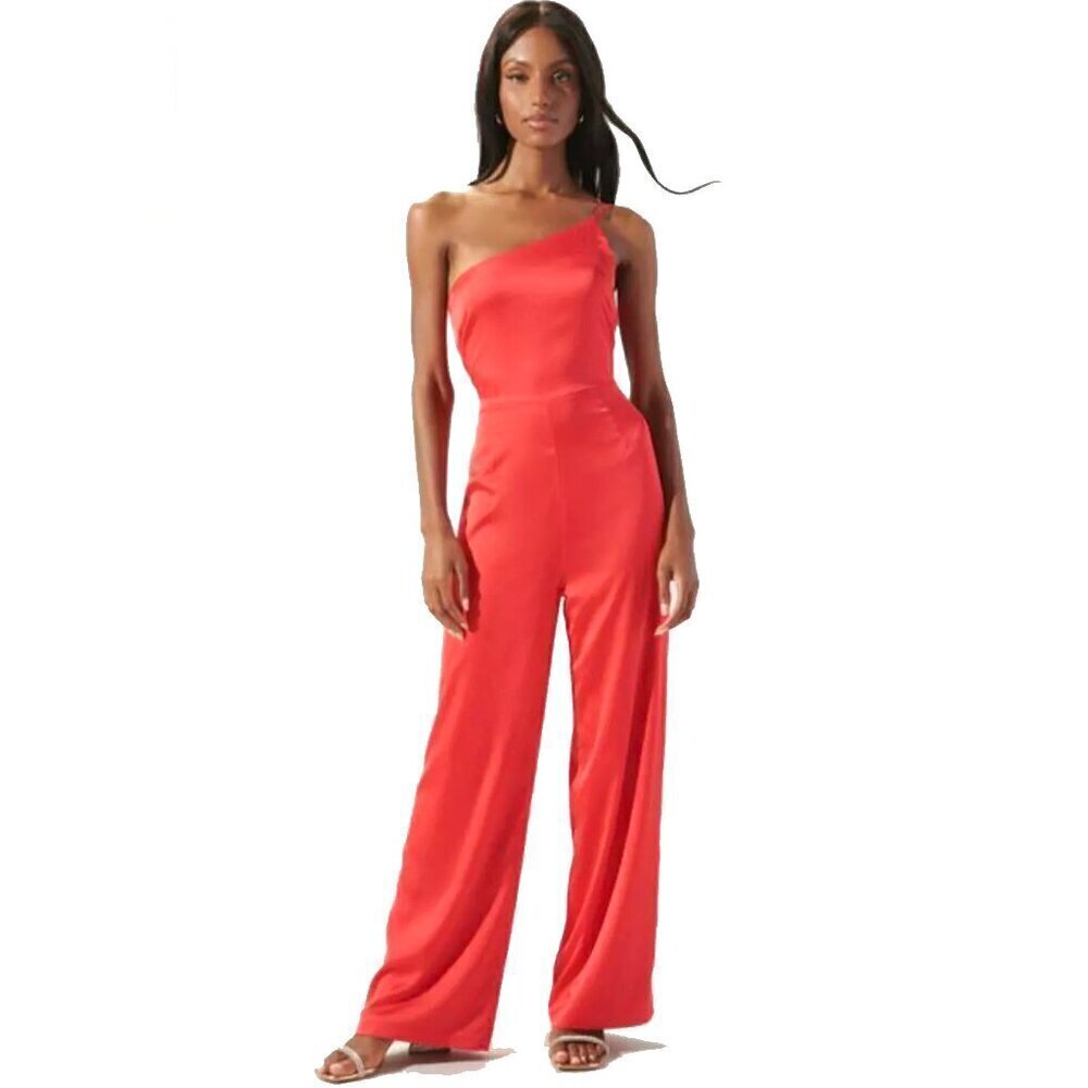 sugar + lips Medium Solid Red Satin One Shoulder Jumpsuit Sleeveless Cocktail